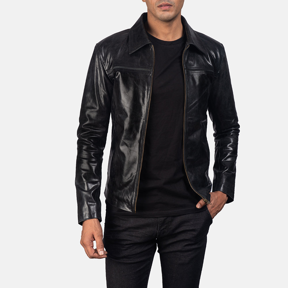 Men's Mystical Black Leather Jacket in Black Cowhide Leather - Front Profile View &amp; Tailored Silhouette | Buy Online