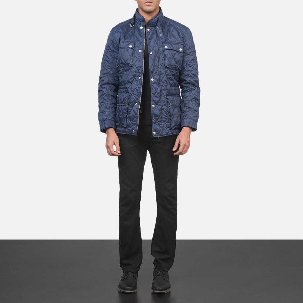 Close-Up Detail of Belted Band &amp; Zipper with Front Button Flap Hardware on Men's Nelson Quilted Blue Windbreaker Jacket