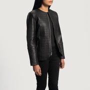 
Styled Fit Perspective of Women's Nexi Quilted Maroon Leather Jacket on Model - Natural Daylight Drape