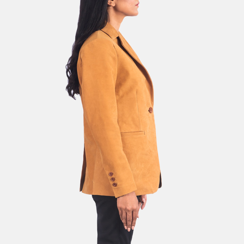 
Brown Cowhide Nubuck Leather Blazer - Back View Showing Tailored Shoulder Fit & Clean Hemline