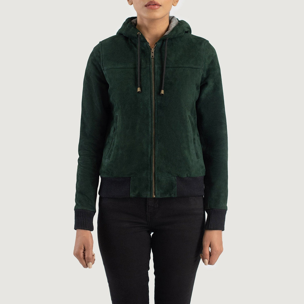 
Close-Up Detail of Hooded & Zipper Hardware on Rebella Green Hooded Suede Bomber Jacket