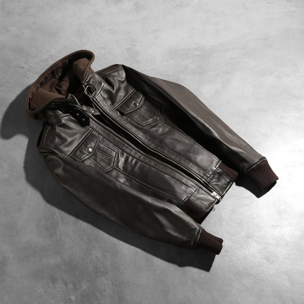 
Rib Knit & Hem Craftsmanship Construction Detail on Women's Roslyn Brown Hooded Leather Bomber Jacket