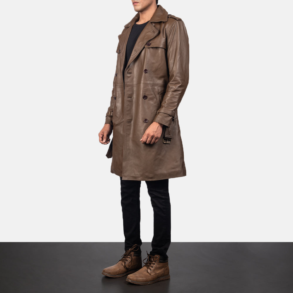 
Mocha Brown Calfskin Leather Trench Coat - Back View Showing Tailored Shoulder Fit & Clean Hemline