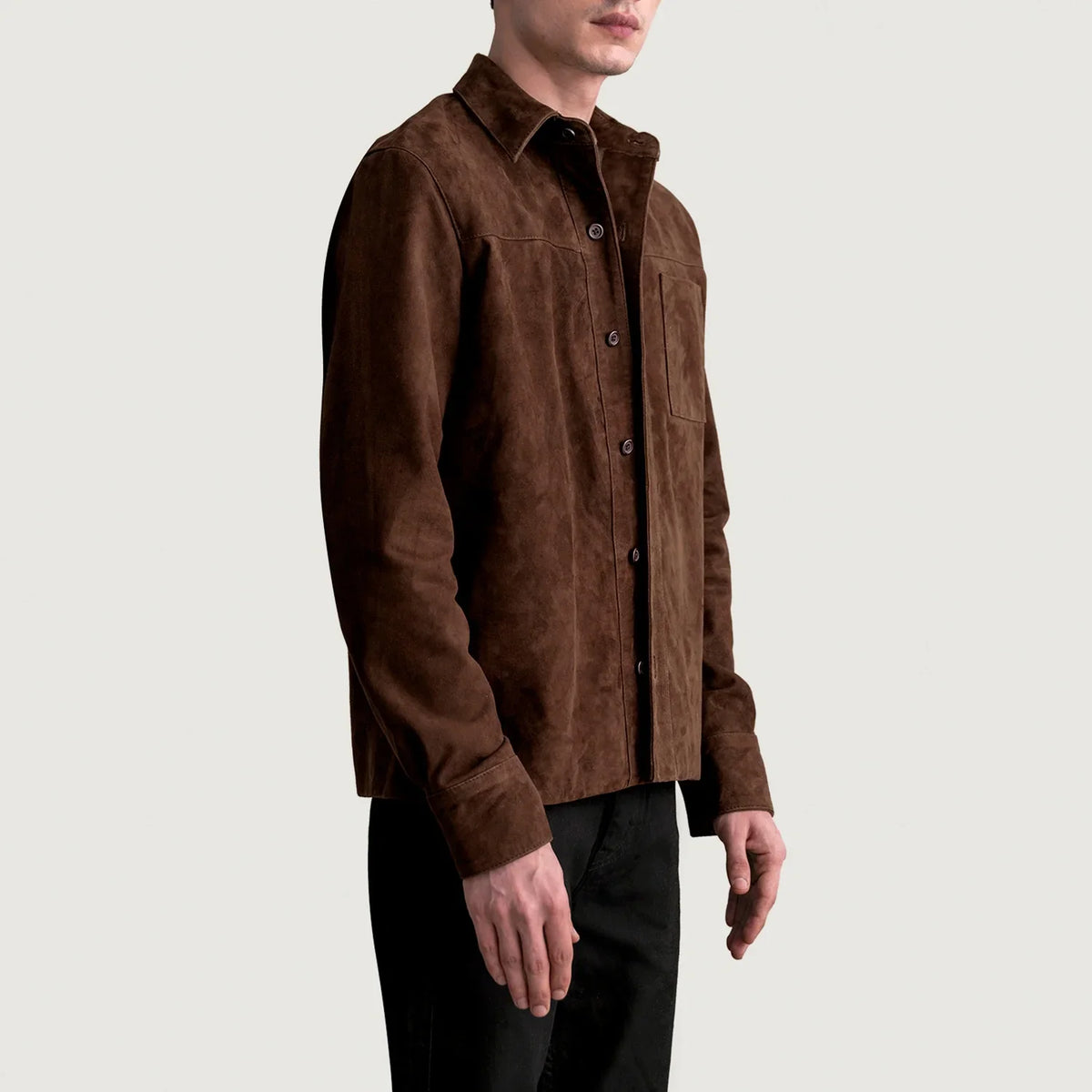 
Brown Goatskin suede Jacket - Back View Showing Tailored Shoulder Fit & Clean Hemline
