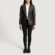 Close-Up Detail of Notch &amp; Button Hardware on Women's Selina Black Leather Blazer
