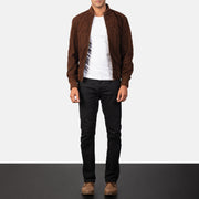 
Men's Shane Dark Mocha Brown Suede Bomber Jacket - Lateral Side Profile View Showing Sleeve Cut & Athletic Taper Fit