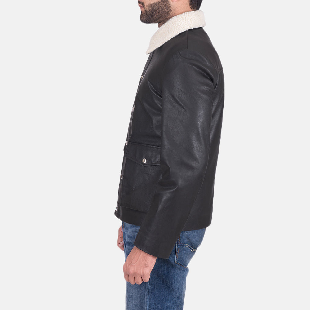 
Black Goatskin Leather Aviator Jacket - Back View Showing Tailored Shoulder Fit & Clean Hemline