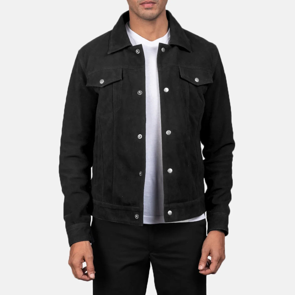 
Men's Stallon Black Suede Jacket in Black Goatskin Suede - Front Profile View & Tailored Silhouette | Buy Online