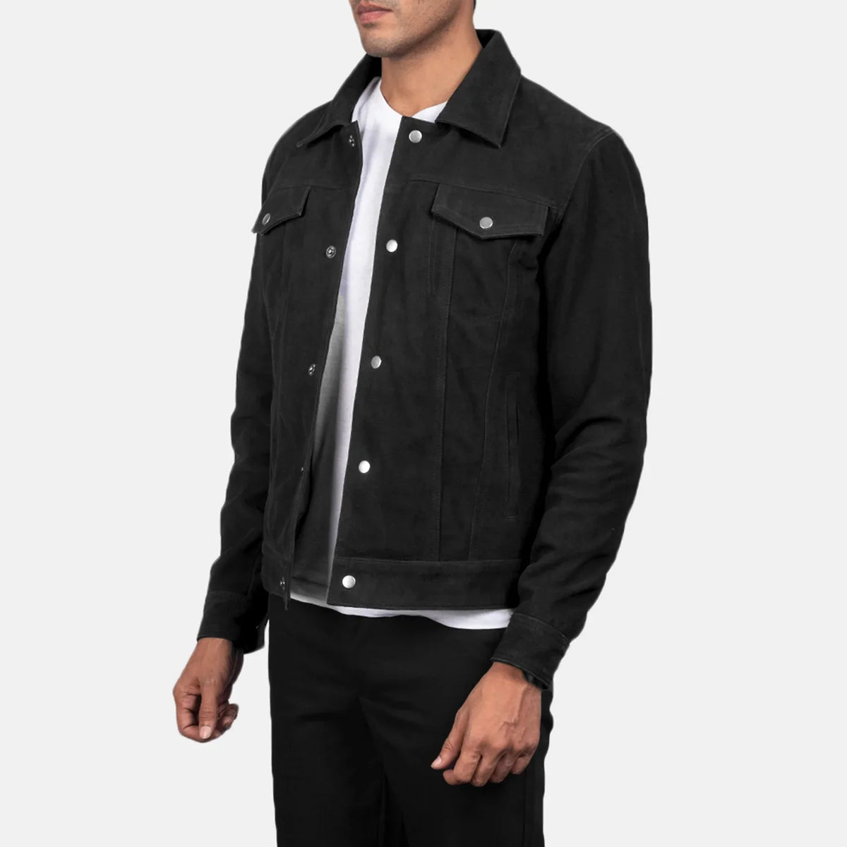 
Black Goatskin suede Jacket - Back View Showing Tailored Shoulder Fit & Clean Hemline
