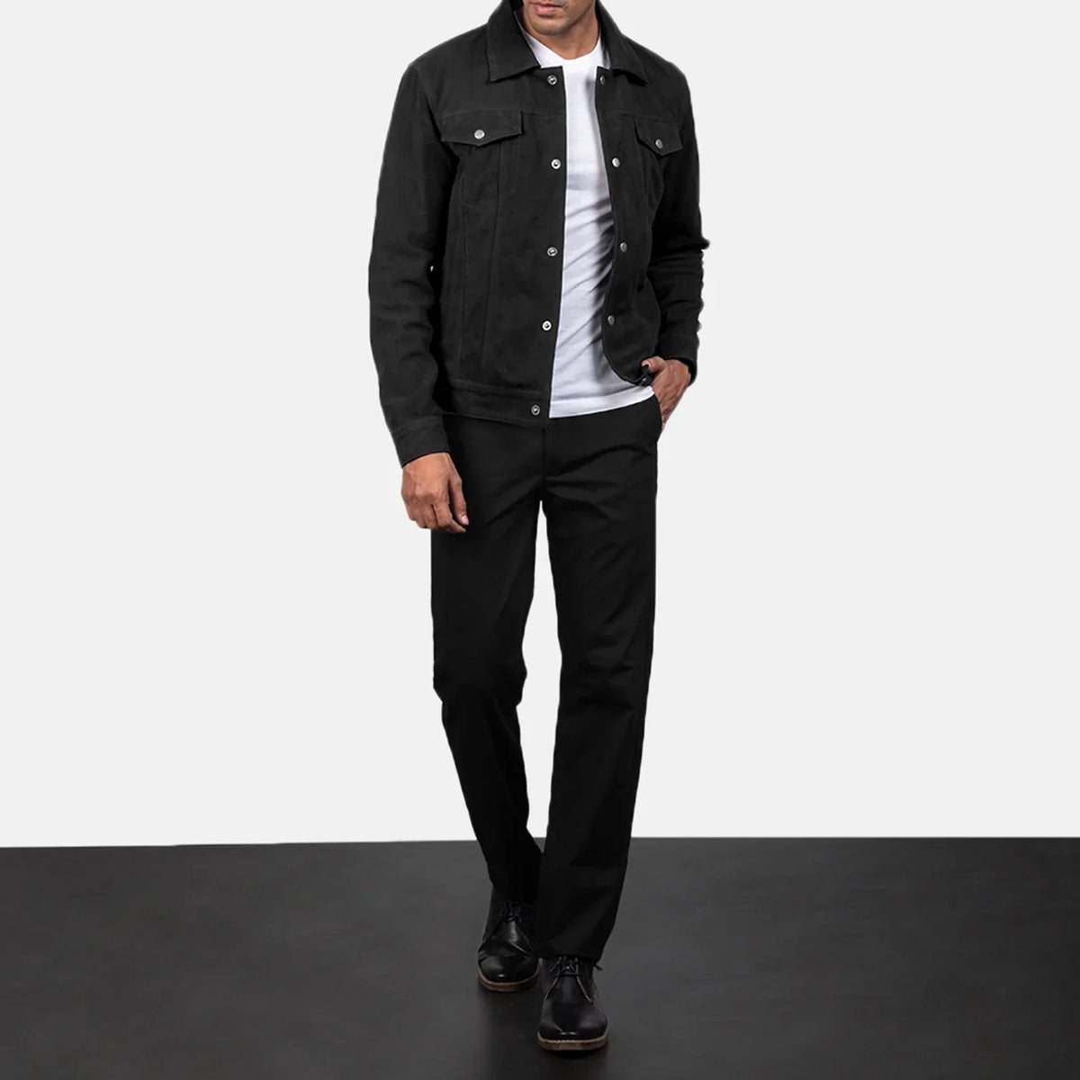 
Men's Stallon Black Suede Jacket - Lateral Side Profile View Showing Sleeve Cut & Athletic Taper Fit