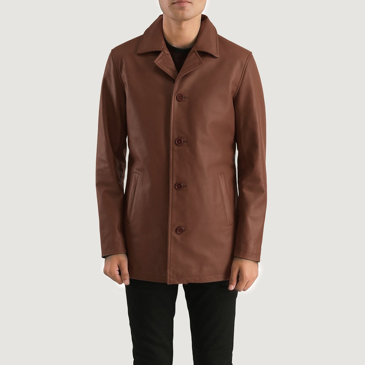 
Urban Slate Brown Leather Coat in Brown Cowhide Leather - Front Profile View & Tailored Silhouette | Buy Online