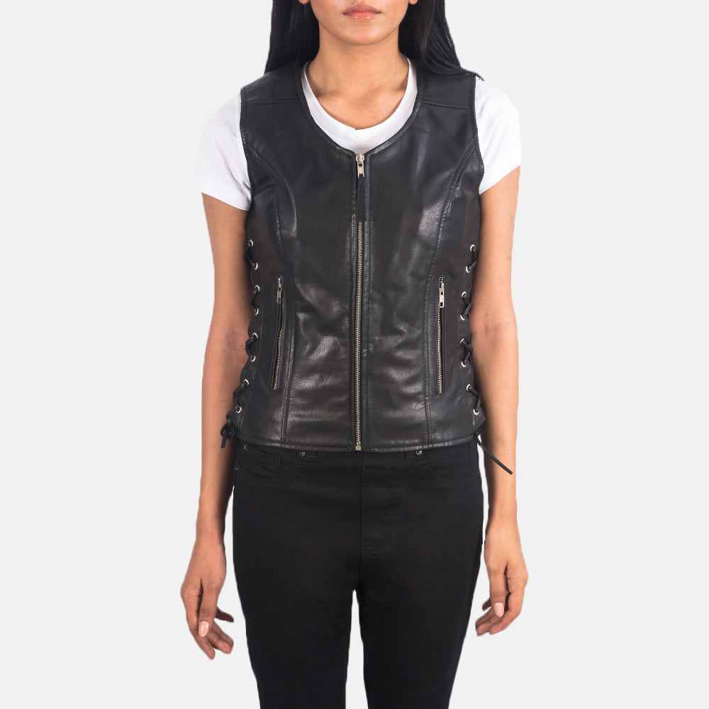 Close-Up Detail of V-neck &amp; Zipper Hardware on Women's Vanda Black Leather Biker Vest