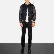 
Men's Vaxton Black Striped Hybrid Varsity Jacket - Lateral Side Profile View Showing Sleeve Cut & Athletic Taper Fit
