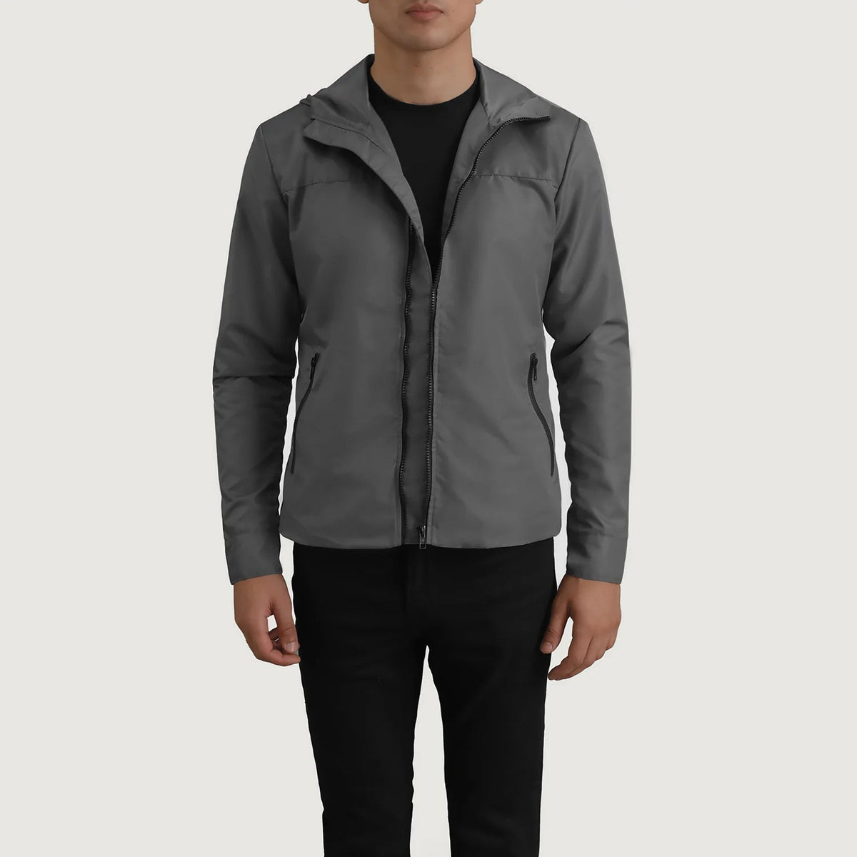 
Wesley Grey Hooded Windbreaker Jacket in Grey Full-Grain Leather - Front Profile View & Tailored Silhouette | Buy Online