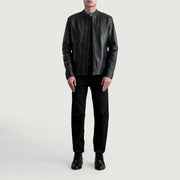 
Close-Up Detail of Snap Button & Zipper Hardware on Zen Black Leather Biker Jacket