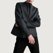 
Zen Tumbled Black Leather Biker Jacket - Lateral Side Profile View Showing Sleeve Cut & Athletic Taper Fit